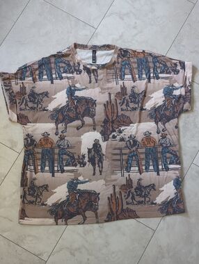 Western Print Short-Sleeve Shirt - Beige/Blue